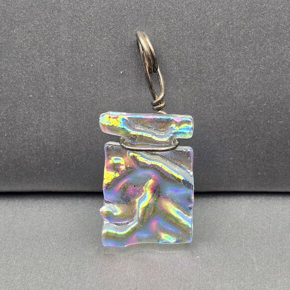 Handmade Dichroic Glass Pendant 1.25x.625" Iridescent Wavy Design Wire Wrapped - Picture 4 of 7